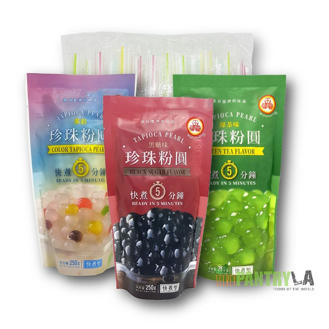 WuFuYuan Boba Tapioca Pearls 3 Variety Pack (Black Sugar, Color, Green Tea) 8.8 Oz each with 25 Boba Straws Individually Wrapped