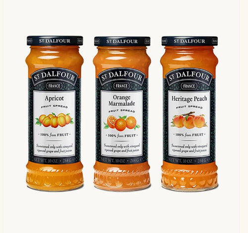St. Dalfour Trio Set, Apricot, Orange Marmalade, and Peach Fruit Spreads Preserves 100% Fruits 10 Oz. (284 G)  (3-Pc Set)