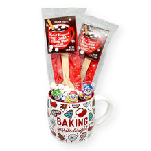 "Baking Spirits Bright" Mug with Salted Caramel Hot Cocoa Mini Marshmallows Stirring Spoons & Mini Solid Holiday Chocolates (6-Pc Gift Set)
