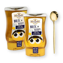 Breitsamer Honig Gift Set - 2 Bee Buddy Pure Raw ACACIA Honey Squeeze Bottles, 6 Honey Sticks, and 1 Gold Stainless Steel Tea Spoon - (9-Piece Set)