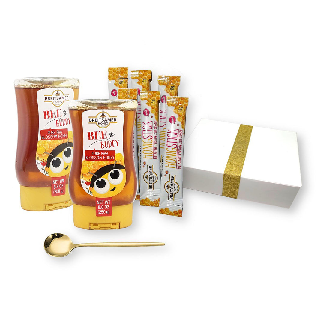 Breitsamer Honig Gift Set - 2 Bee Buddy Pure Raw BLOSSOM Honey Squeeze Bottles, 6 Honey Sticks, and 1 Gold Stainless Steel Tea Spoon - (9-Piece Set)