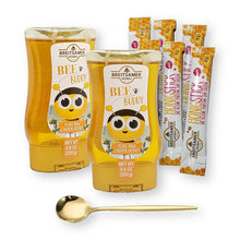 Breitsamer Honig Gift Set - 2 Bee Buddy Pure Raw LINDEN Honey Squeeze Bottles, 6 Honey Sticks, and 1 Gold Stainless Steel Tea Spoon - (9-Piece Set)