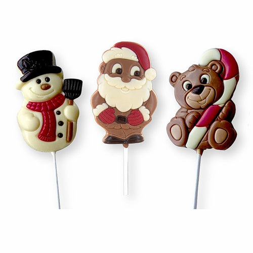 Belfine Fine Belgian Chocolate Lollipops 3 Assorted  - Santa Claus, Frosty the Snowman, and Raphael the Bear 1 Each (Pack of 3)