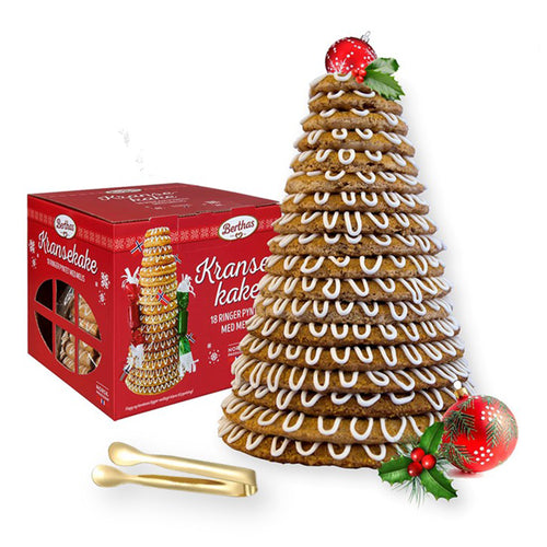 Kransekake Norwegian Christmas Cake 18-Ring Wreath cake by Berthas with Mini Gold Stainless Steel Tongs (2-Pc Set)