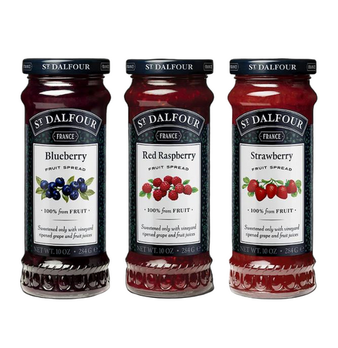 St. Dalfour Classic Trio Set, Blueberry, Red Raspberry, and Strawberry Fruit Spreads Preserves 100% Fruits 10 Oz. (284 G)  (3-Pc Set)