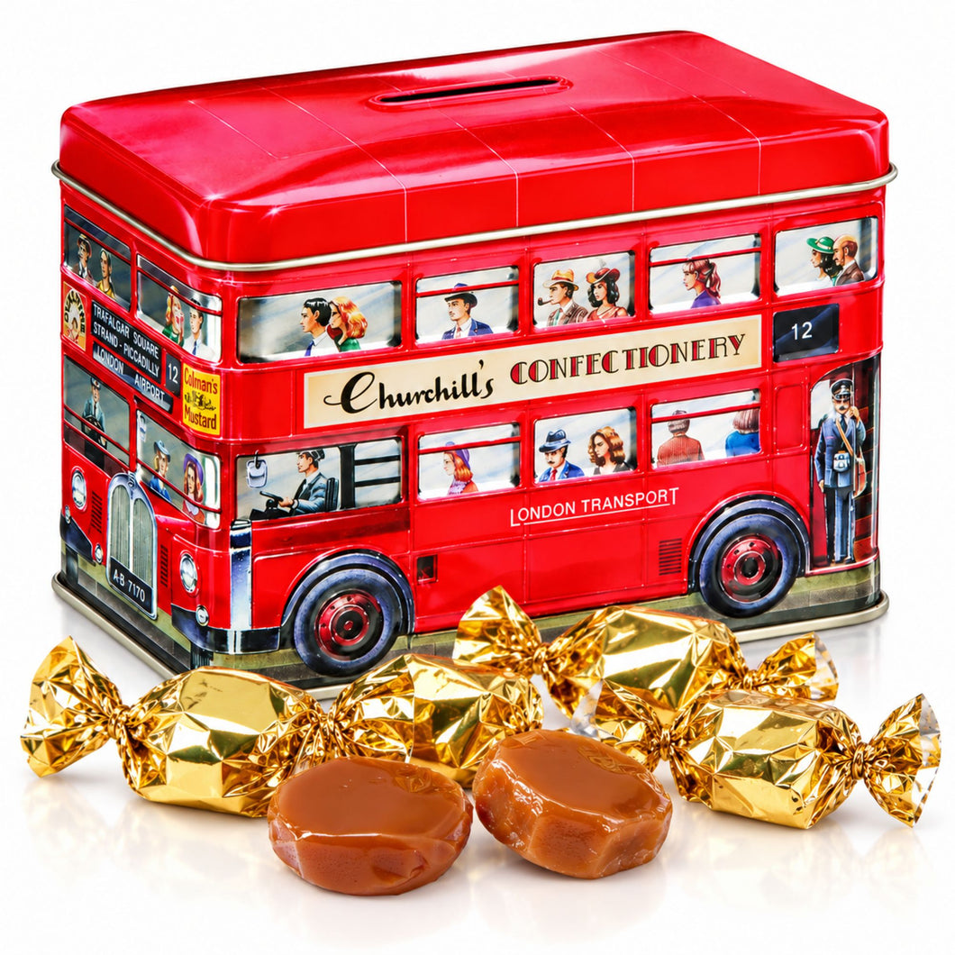 Churchill's London Double-Decker Bus Collectible Tin Coin Bank with Traditional English Butter Toffee – 5.29 oz (150 g)