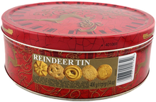 Jacobsens Danish Butter Cookies Reindeer Embossed Gift Tin  with Gold Stainless Steel Tongs 14.Oz. (400 g.)