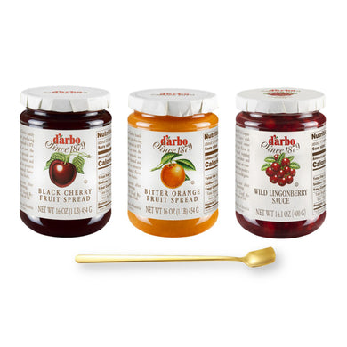 D'Arbo Trio Set Fruit Spreads - Wild Lingonberry, Black Cherry, and Bitter Orange - with Gold Stainless Steel Stirring/Spreader Spoon (4-Pc Set)