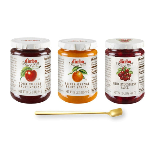 D'Arbo Trio Set Fruit Spreads - Wild Lingonberry, Sour Cherry, and Bitter Orange - with Gold Stainless Steel Stirring/Spreader Spoon (4-Pc Set)