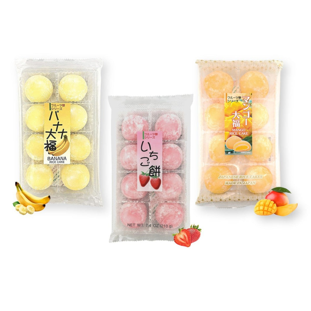 Japanese Mochi Daifuku TRIO - Banana, Strawberry, and Mango Rice Cakes 7.00 Oz / 200 g 1 EA Flavor (Pack of 3)