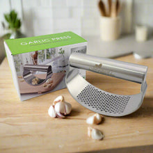 Garlic Press Rocker Stainless Steel Garlic Crusher, Mincer with Garlic Peeler and Cleaning Brush 3-Piece Set
