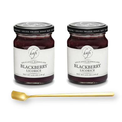Hafi Blackberry Licorice Marmalade 4.93 Oz. X 2 Jars with Gold Spreader Spoon (3-Pc Set)