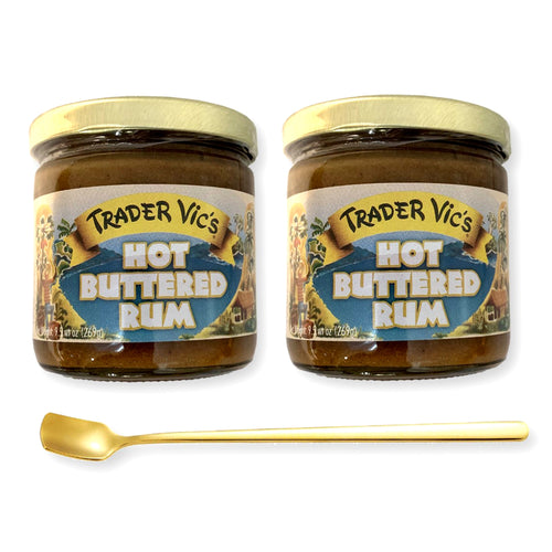Trader Vic's Hot Buttered Rum Batter Mix (Hot Toddy) 9.9 Oz. X 2 Jars with Bonus Gift Gold Stainless Steel Stirring Spoon (3-Pc Set)