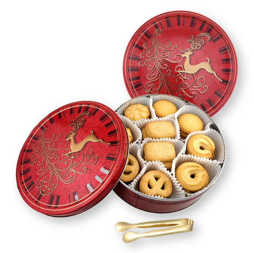 Jacobsens Danish Butter Cookies Reindeer Embossed Gift Tin  with Gold Stainless Steel Tongs 14.Oz. (400 g.)