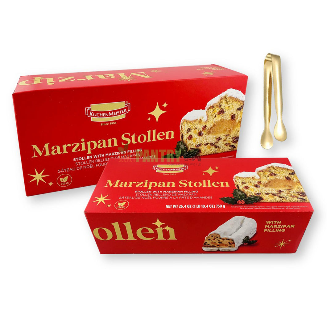 Kuchenmeister Luxury Marzipan Christmas Stollen 26.4 Oz. (1 lb 10.4 Oz) X 2 with Gold Stainless Steel Tongs (2-Pc Set)