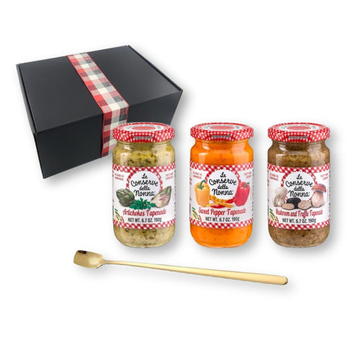 Gift Box 4-Piece Set of Le Conserve della Nonna Tapenades 3-Variety with Gold Spreader Spoon (4-pc Set)