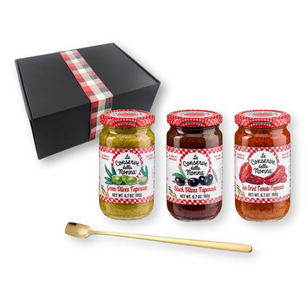 Le Conserve della Nonna Tapenades 3-Variety Gift Set (Black Olives, Green Olives, and Sundried Tomato) with Spreader Spoon (4-pc Set)