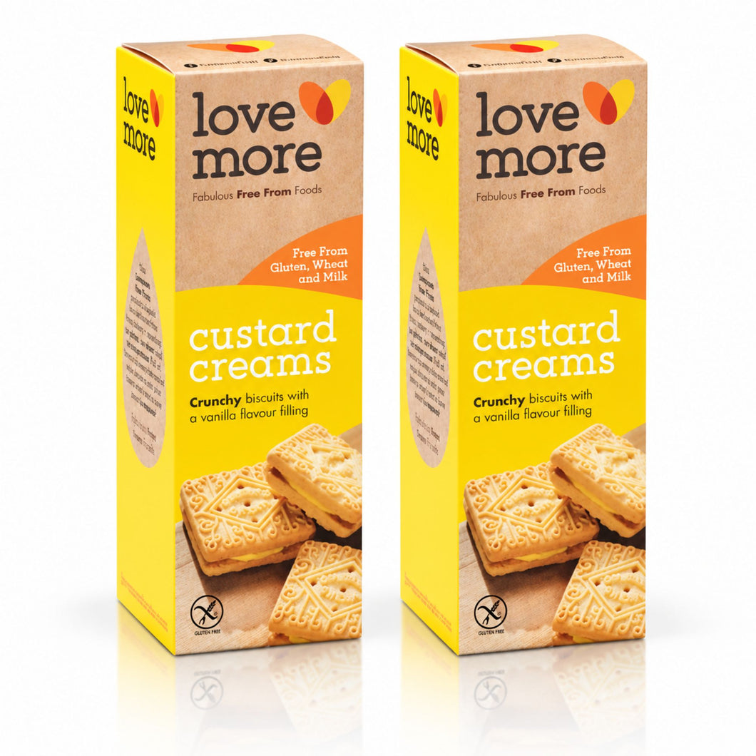 Lovemore British Custard Cream Biscuits – Gluten Free, Wheat Free & Milk Free – 4.4 oz / 125 g (Pack of 2)