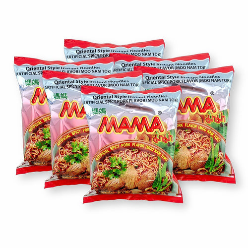MAMA Spicy Pork (Moo Nam Tok)Flavor Instant Noodles Thai Style 1.94 Oz./55 G. (Pack of 6)