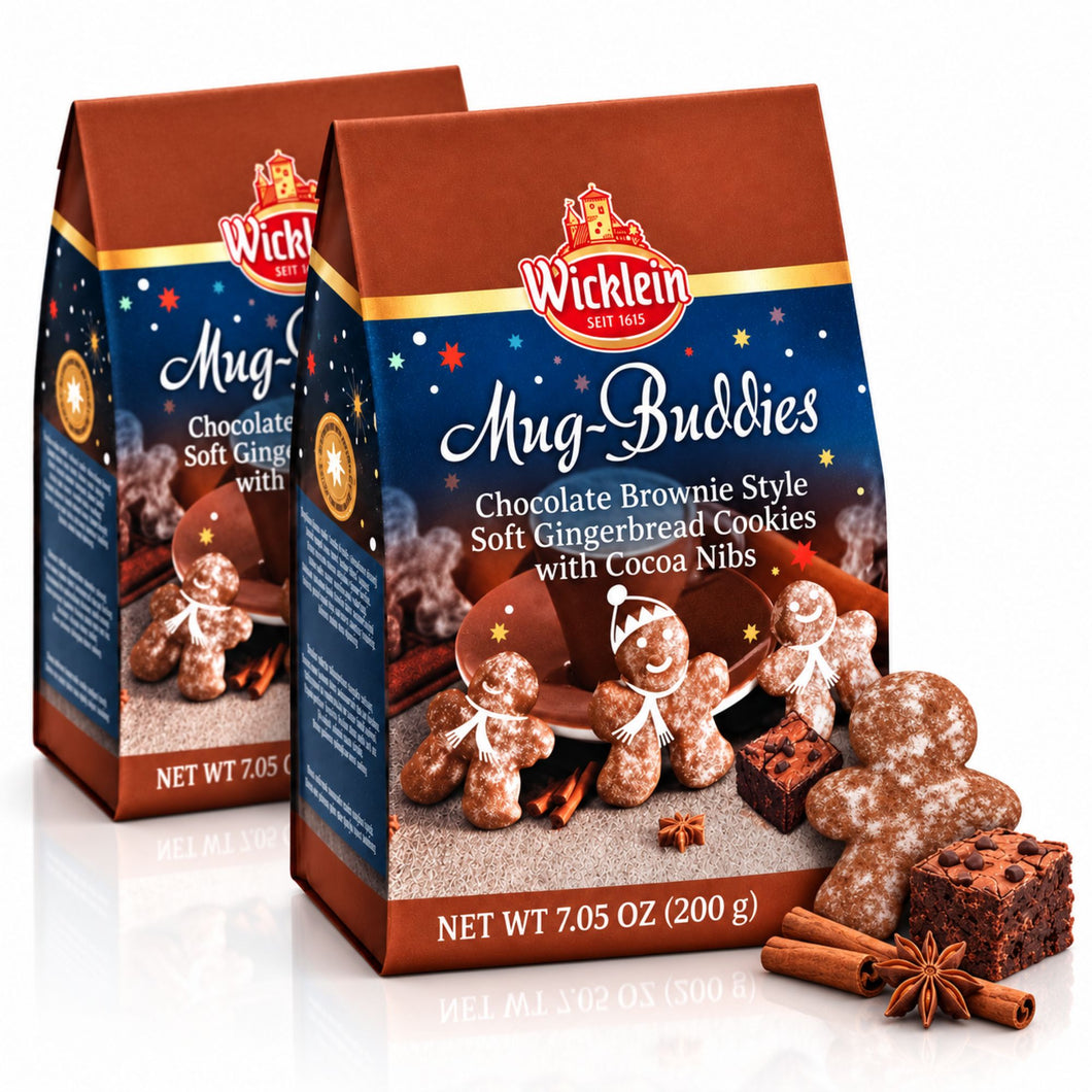 Wicklein Mug-Buddies Chocolate Brownie Style Soft Gingerbread Cookies with Cocoa Nibs – 6.17 oz (175 g) (Pack of 2)