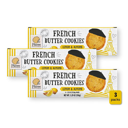Pierre Biscuiterie French Butter Cookies LEMON & ALMOND 5.29 Oz. / 150 g. (Pack of 3)