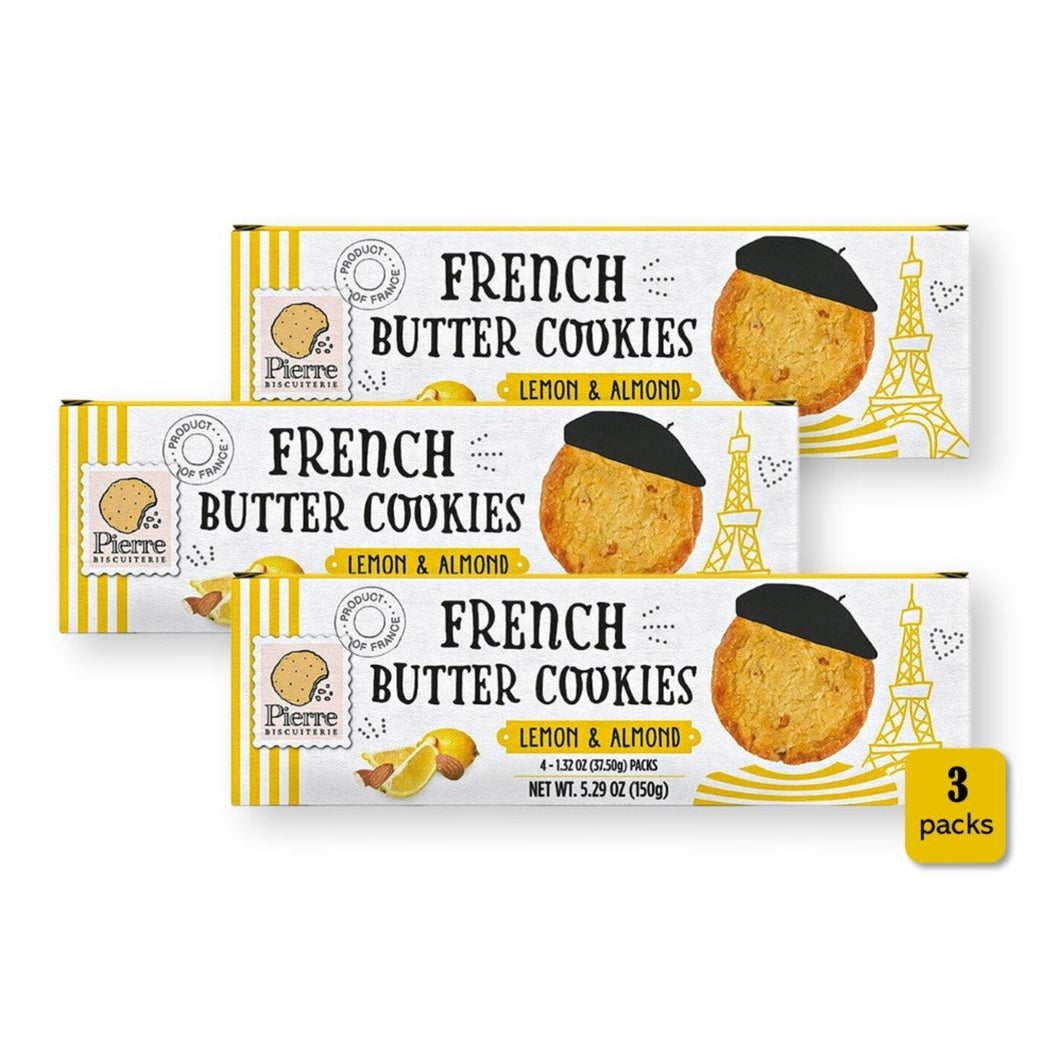Pierre Biscuiterie French Butter Cookies LEMON & ALMOND 5.29 Oz. / 150 g. (Pack of 3)