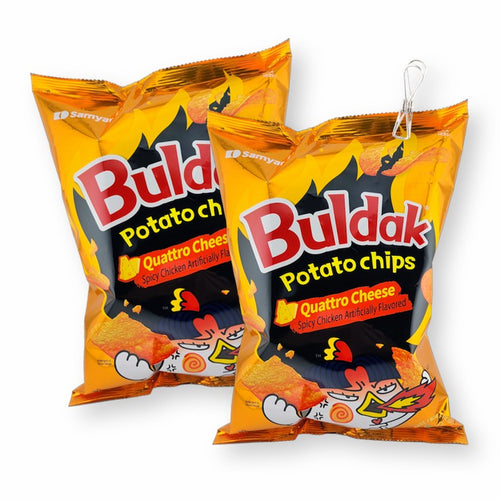 Samyang Buldak Potato Chips QUATTRO CHEESE Spicy Chicken Flavored 4.23 Oz. / 120 G. (Pack of 2)