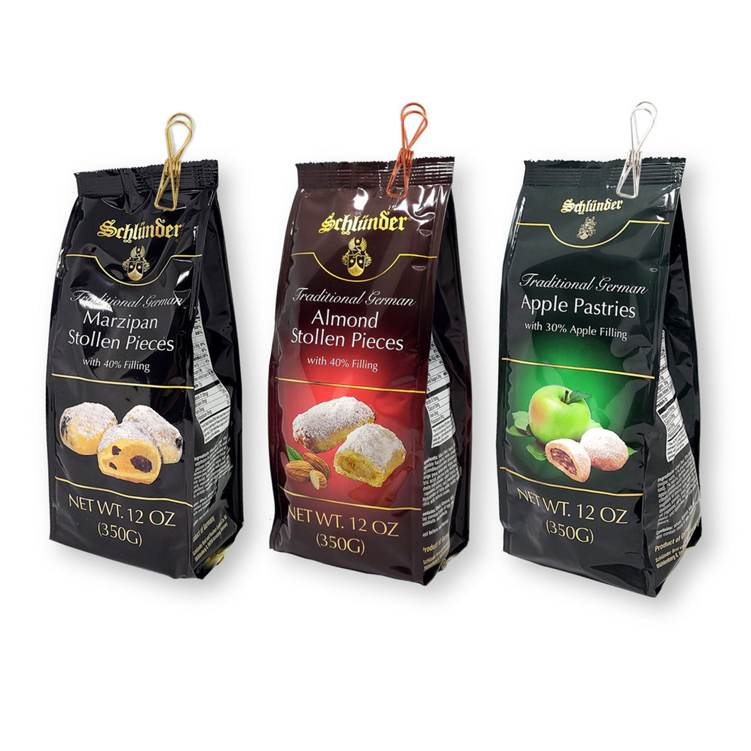 Schlunder Stollen Bites 3 Variety Pack 40% Fillings 12 Oz. (350 g) with 3 Bonus Gifts Vintage Style Wire Bag Clips