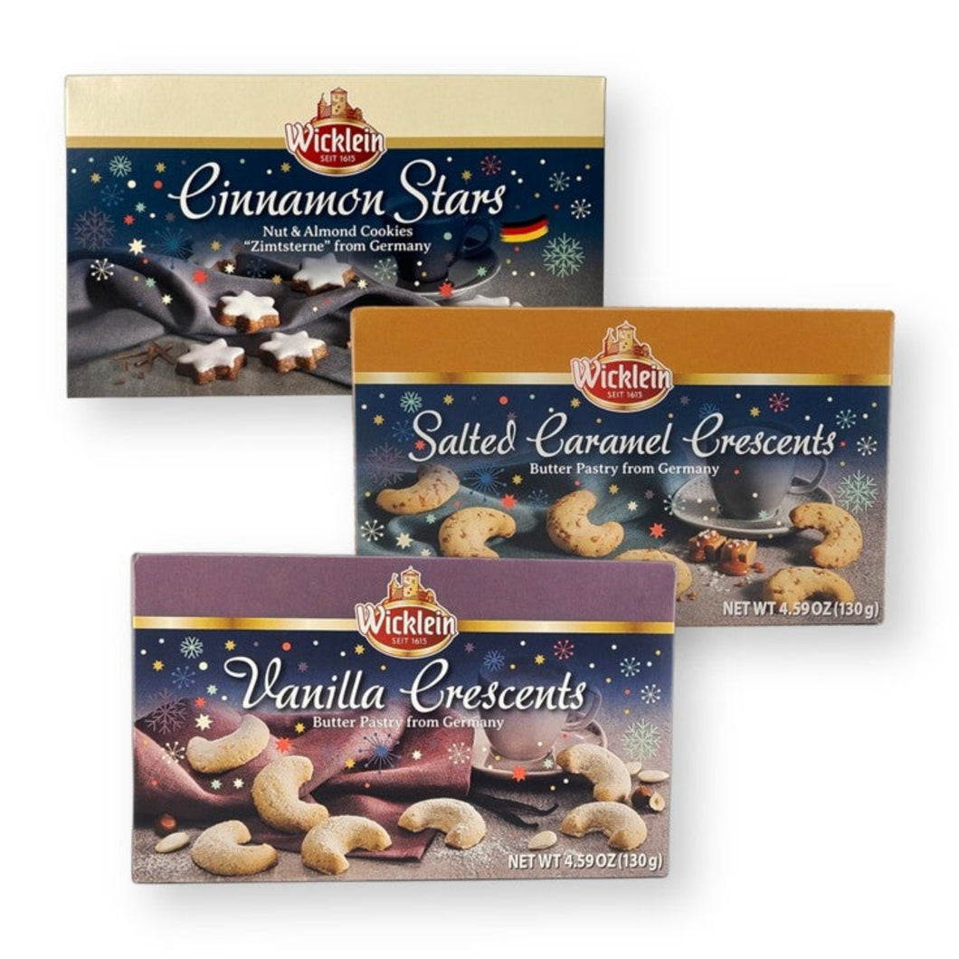 Wicklein Trio Samplers Butter Pastry Cookies - Vanilla Crescents, Salted Caramel Crescents, Cinnamon Stars 4.59 Oz. Each (3-Pk)