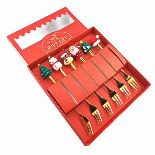 6-Piece Christmas Theme Cartoon Style Gold Stainless Steel Dessert/Appetizer FORK Gift Set