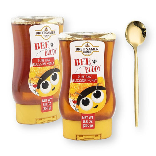Breitsamer Honig Bee Buddy Pure Raw BLOSSOM Honey Squeeze Bottle 8.8 oz. (250 g.) X 2 with Bonus Gold Stainless Steel Round Tea Spoon (3-Pc Set)