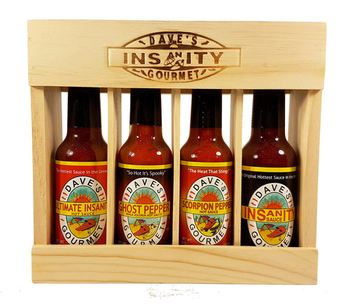 Dave's Gourmet Super Hot Sauce Insanity Wood Crate Gift Set 4 Flavors (Ultimate Insanity, Ghost Pepper, Insanity, and Scorpion Pepper) 4-Pack / 5 Oz  Each.