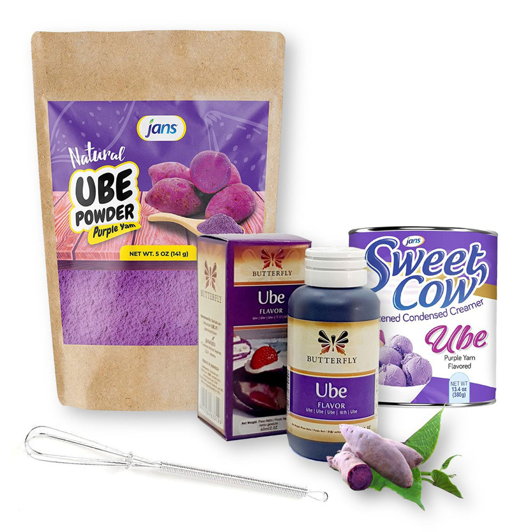 Ube Purple Yam Trio Set: Ube Powder, Ube Condensed Milk, and Ube Extract with Mini Whisk