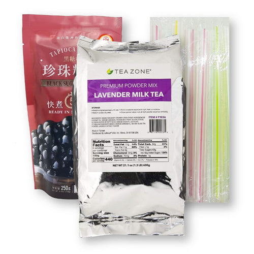 Tea Zone Boba Lavender Milk Tea Bubble Tea Kit with WuFuYuan Black Tapioca Pearls and 10 Boba Wide Straws