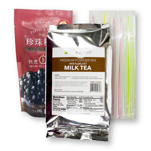 Tea Zone Boba Milk Tea Bubble Tea Kit with WuFuYuan Black Tapioca Pearls and 10 Boba Wide Straws