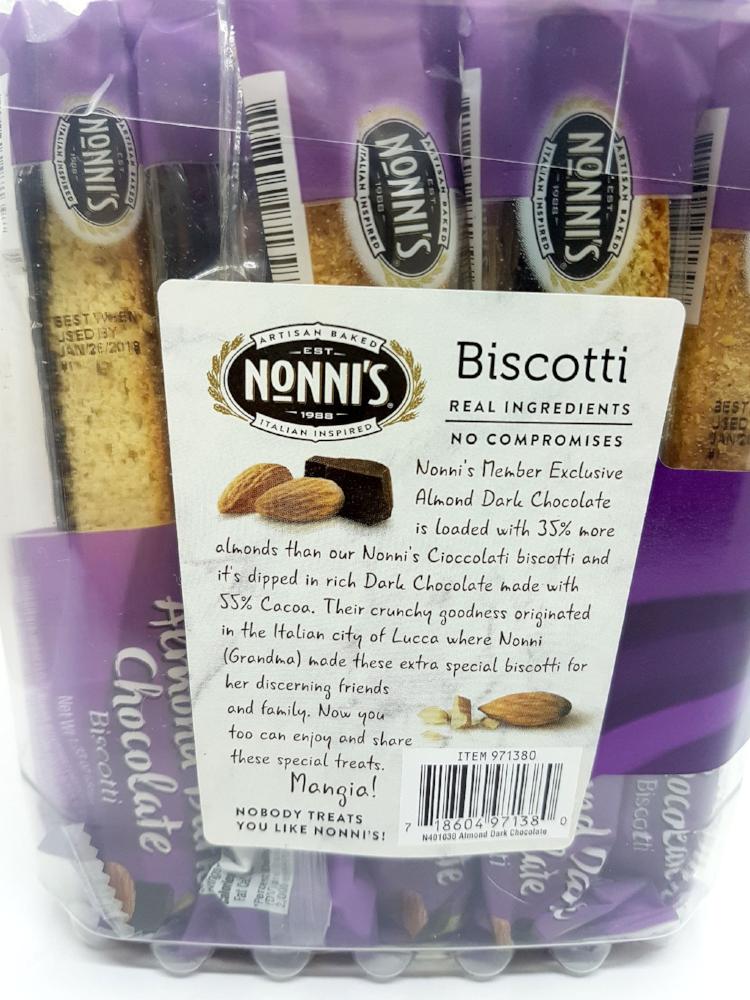 Nonni's Almond Dark Chocolate Biscotti – 2 Pack (25 Count, 2lb 1.25oz Total)