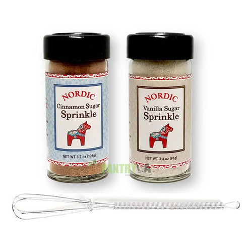 Nordic Combo Pack of Cinnamon Sugar Sprinkle & Vanilla Sugar Sprinkle with Mini Stainless Steel Whisk