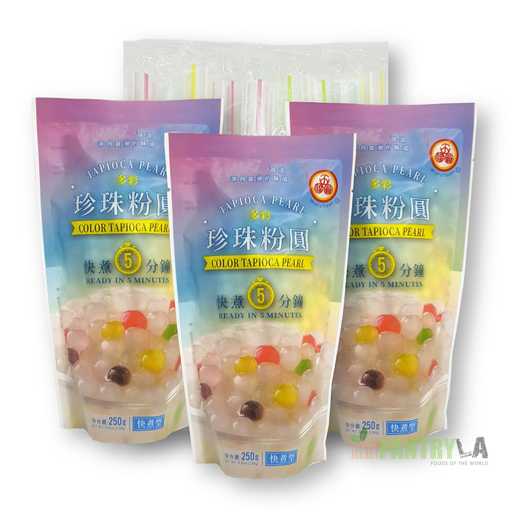 WuFuYuan Rainbow Boba Tapioca Pearls 8.8 Oz X 3 with 25 Boba Straws Individually Wrapped