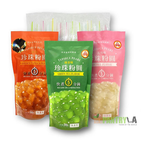 WuFuYuan Boba Tapioca Pearls 3 Variety (Golden, Lychee, Green Tea) and 25 Jumbo Straws Set for Bubble Tea